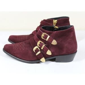 Anine Bing EU 37 Western Emma Boots Burgundy Gold Triple Buckle Cowboy Witchy